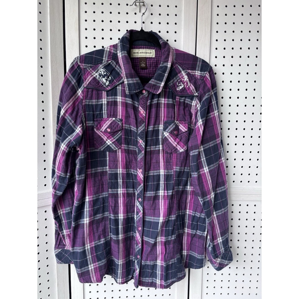 Bit and Bridle Woman's Plaid‎ Flannel 2X Shirt Lined Western Horse Pearl Snaps